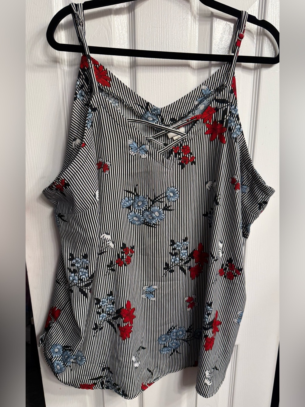 Daytrip Striped Floral Lace-Up Cami Tank Top - Black, White, Red & Blue